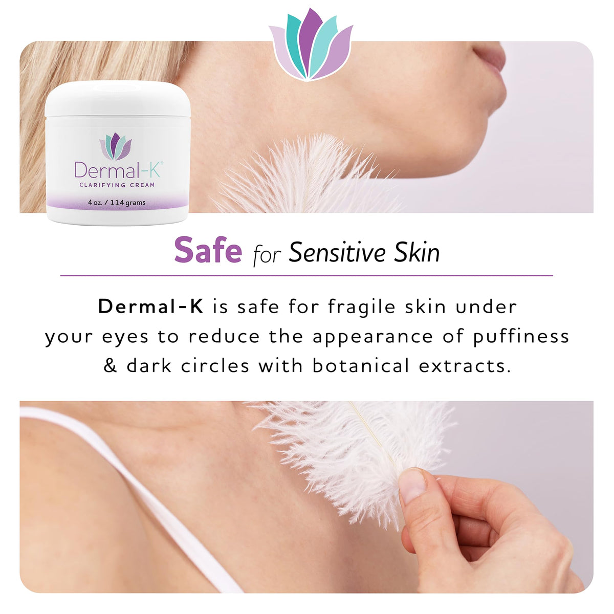 Dermal-K label detail close-up, emphasizes paraben-free formulation benefit