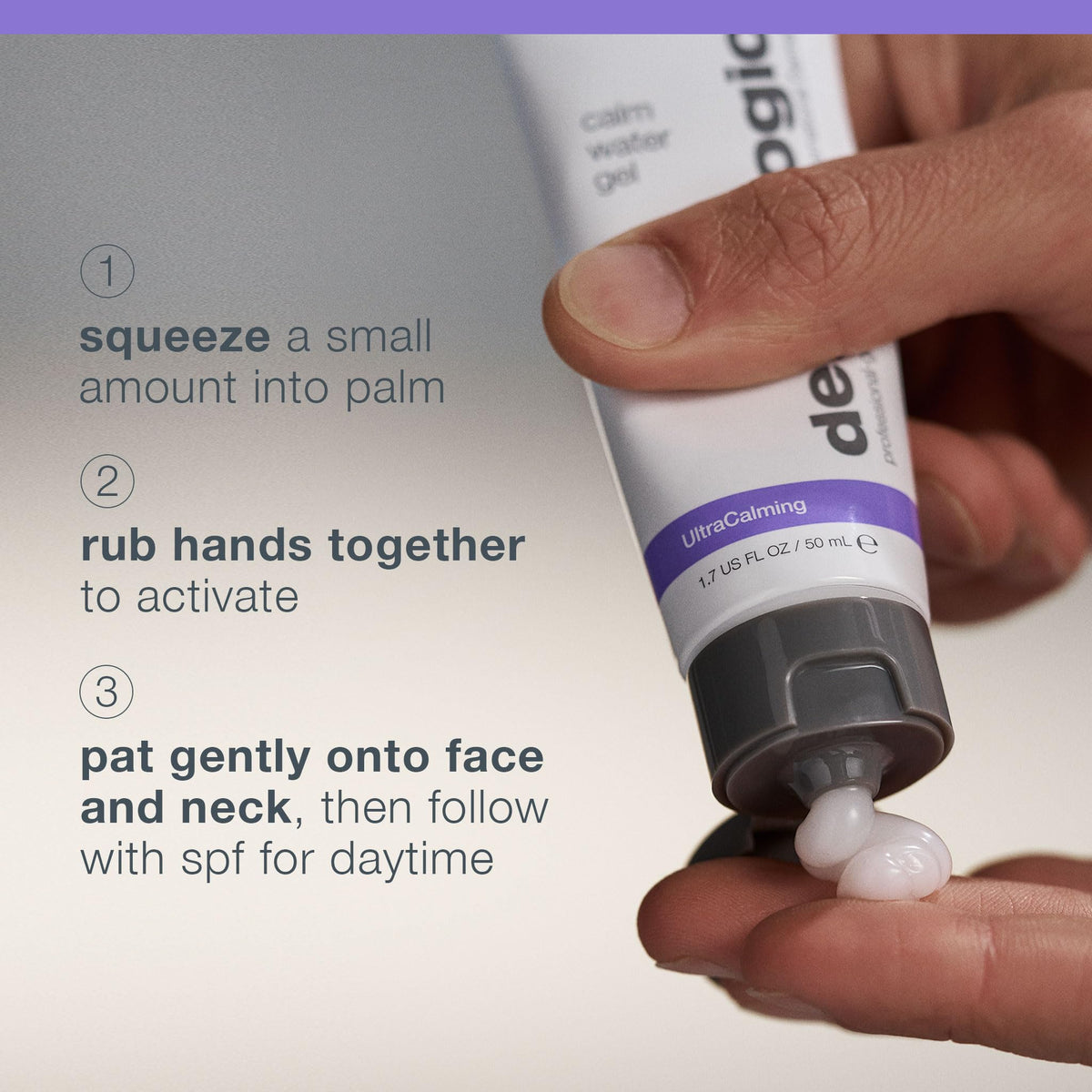Dermalogica gel applied to hand, shows quick-absorbing, non-greasy finish