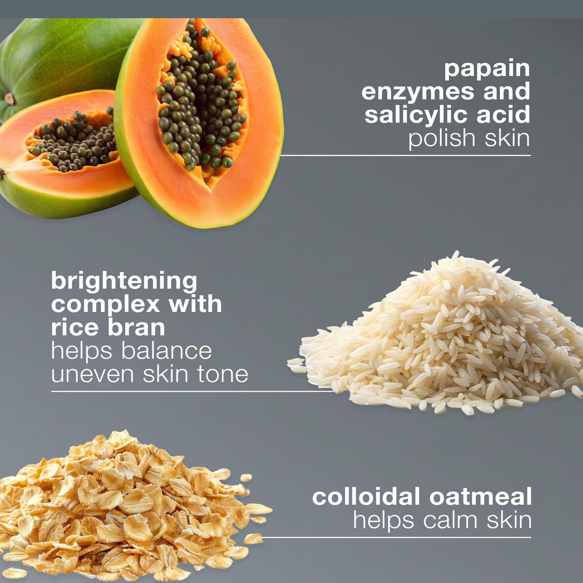 Dermalogica ingredients display with papaya and text pointing to enzymatic brightening benefit