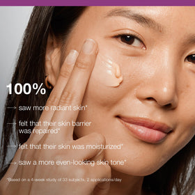 Dermalogica cream layered under makeup on model, shows non-greasy wearable finish