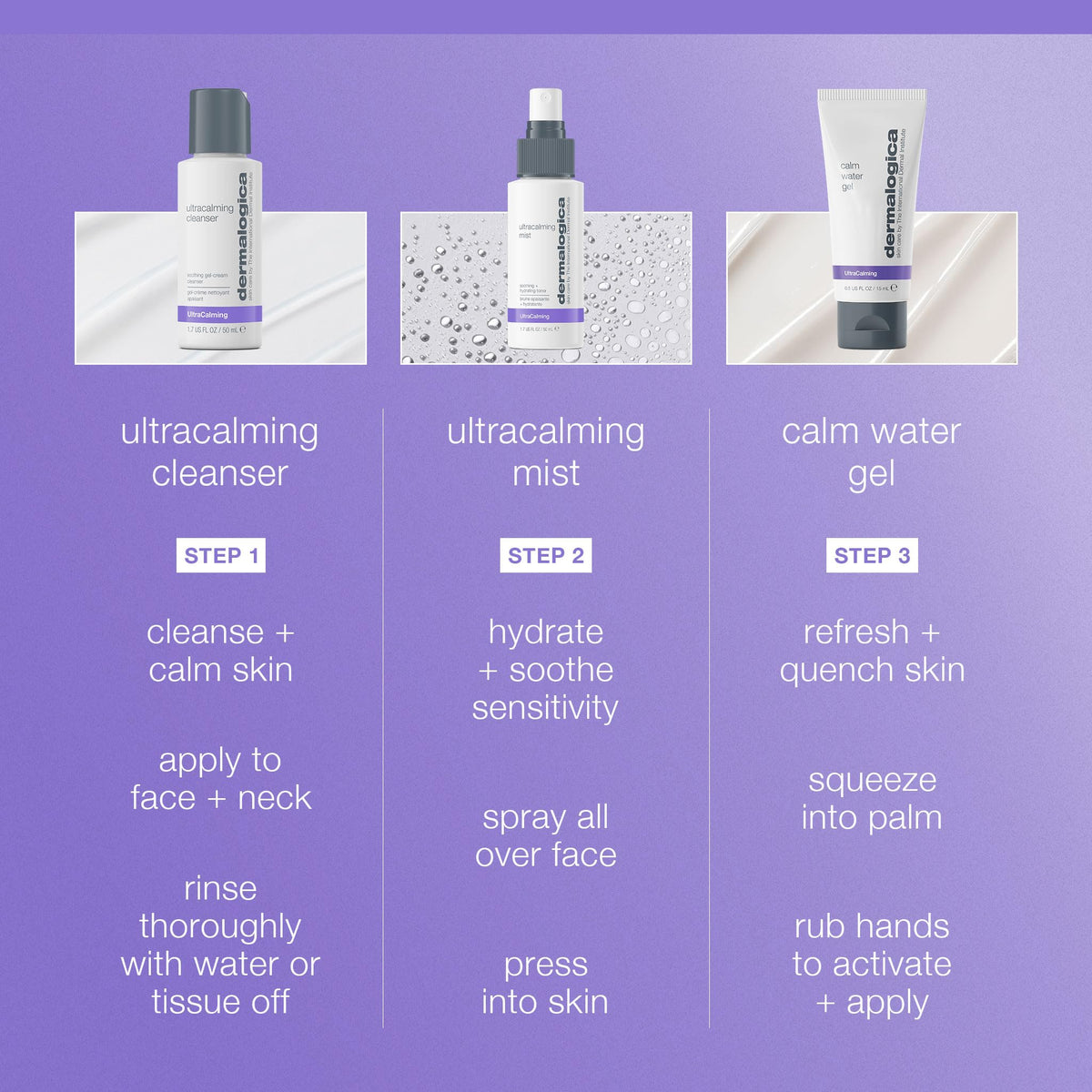 Dermalogica three products lined up to show relative sizes and daily routine order