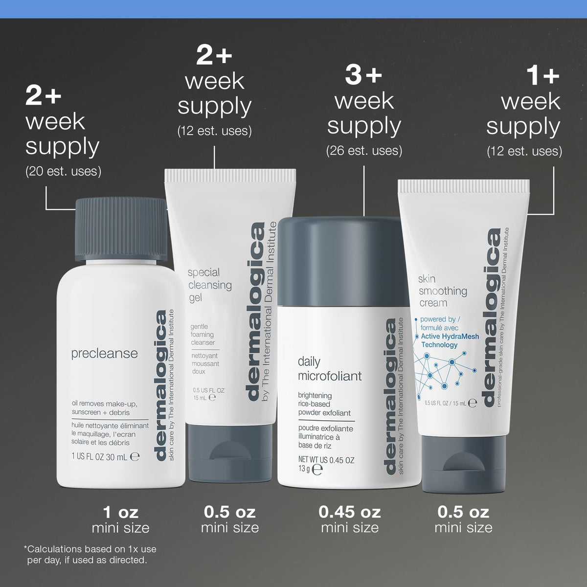 Dermalogica products on vanity showing size comparison and travel convenience