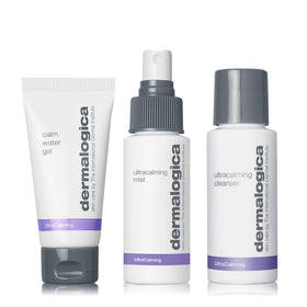 Dermalogica sensitive skin rescue kit front view showing all three items and calming packaging