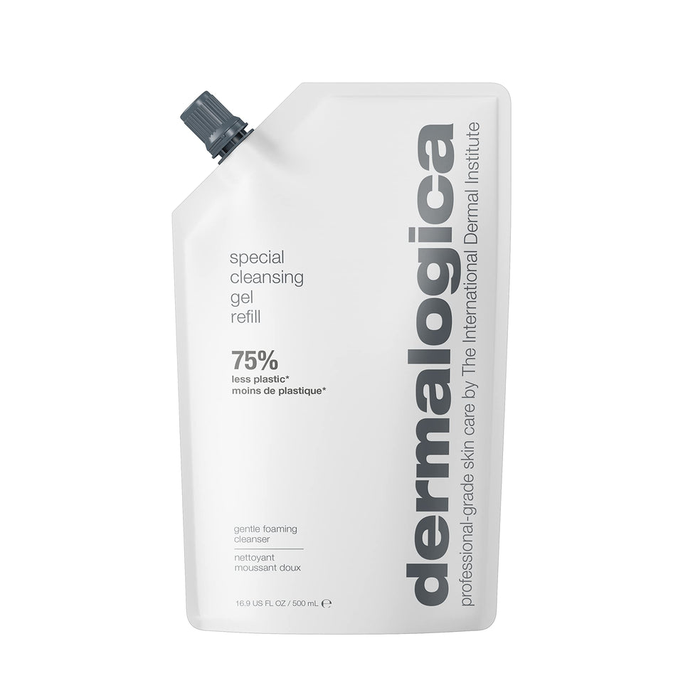 Dermalogica refill front pouch showing product branding and convenience
