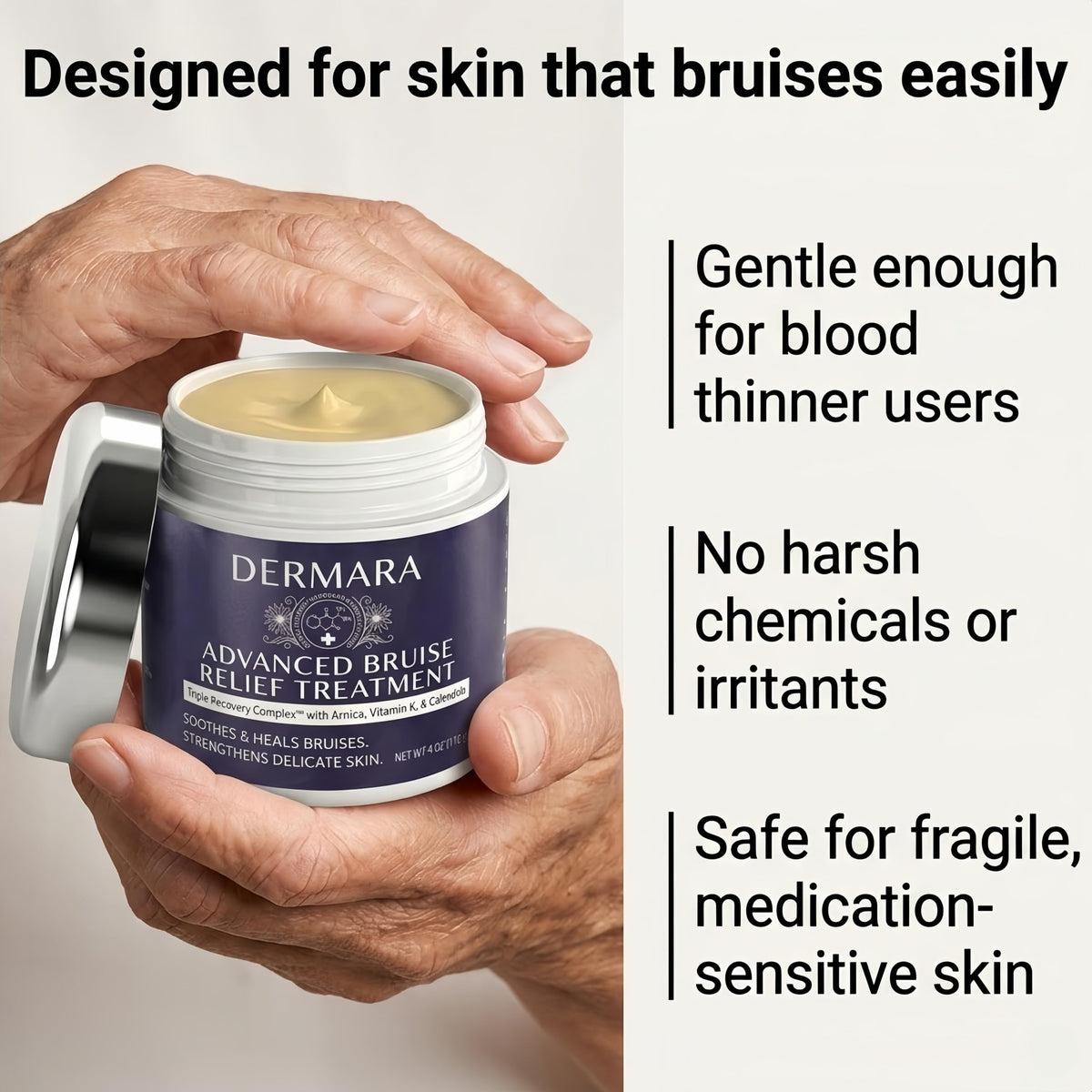 Dermara label close-up showing vitamins K, C and E formulation benefits