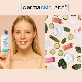 Dermaskin Labs styled bathroom shelf with products showing professional look and home use appeal