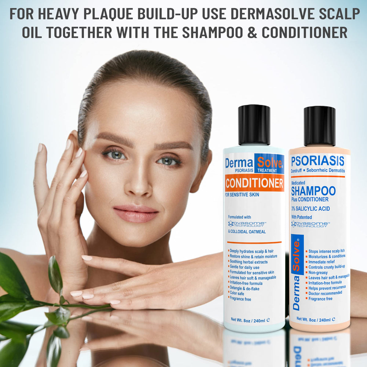 DermaSolve hair before and after showing reduced flakes and improved shine