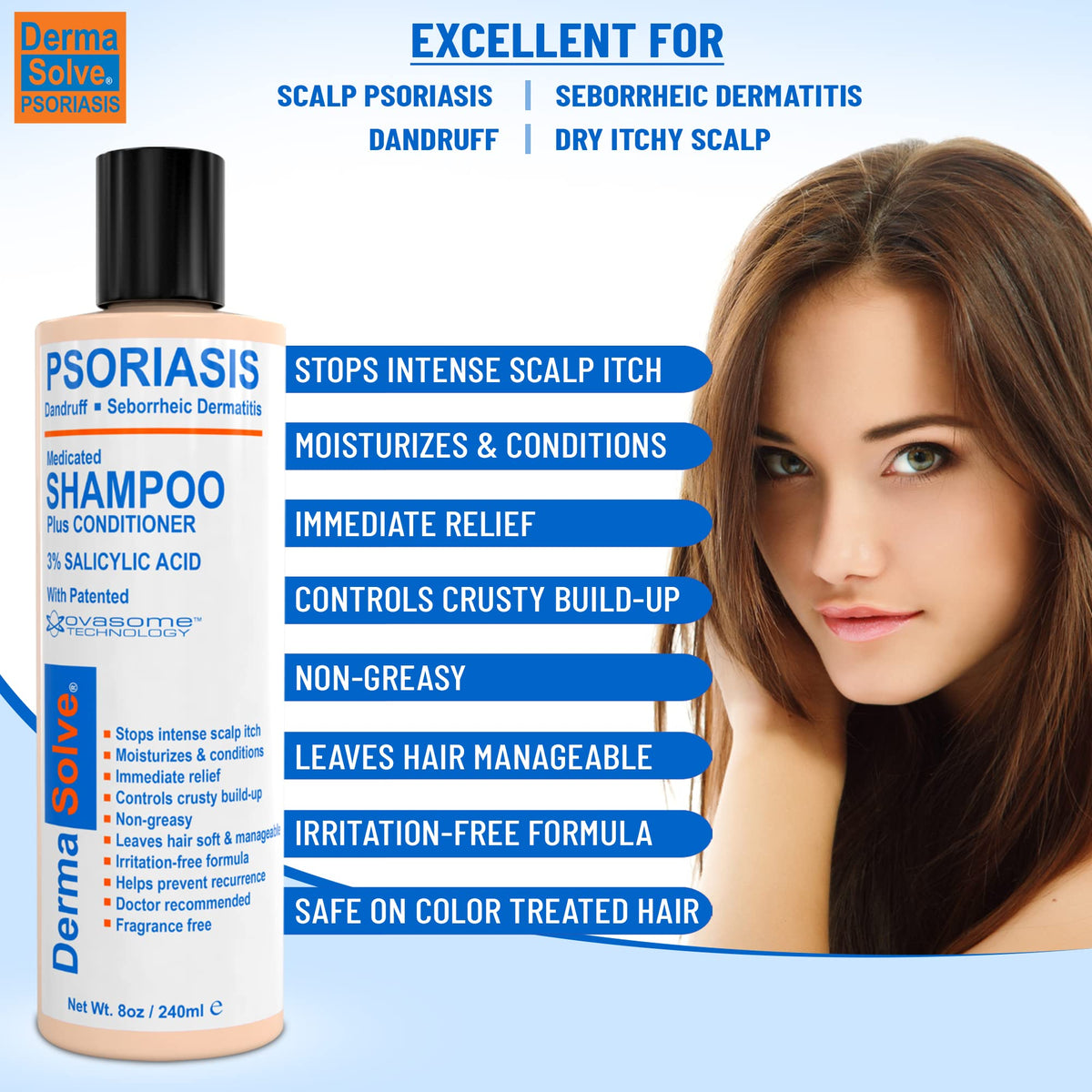 DermaSolve pump and label detail highlighting medicated formula reassurance