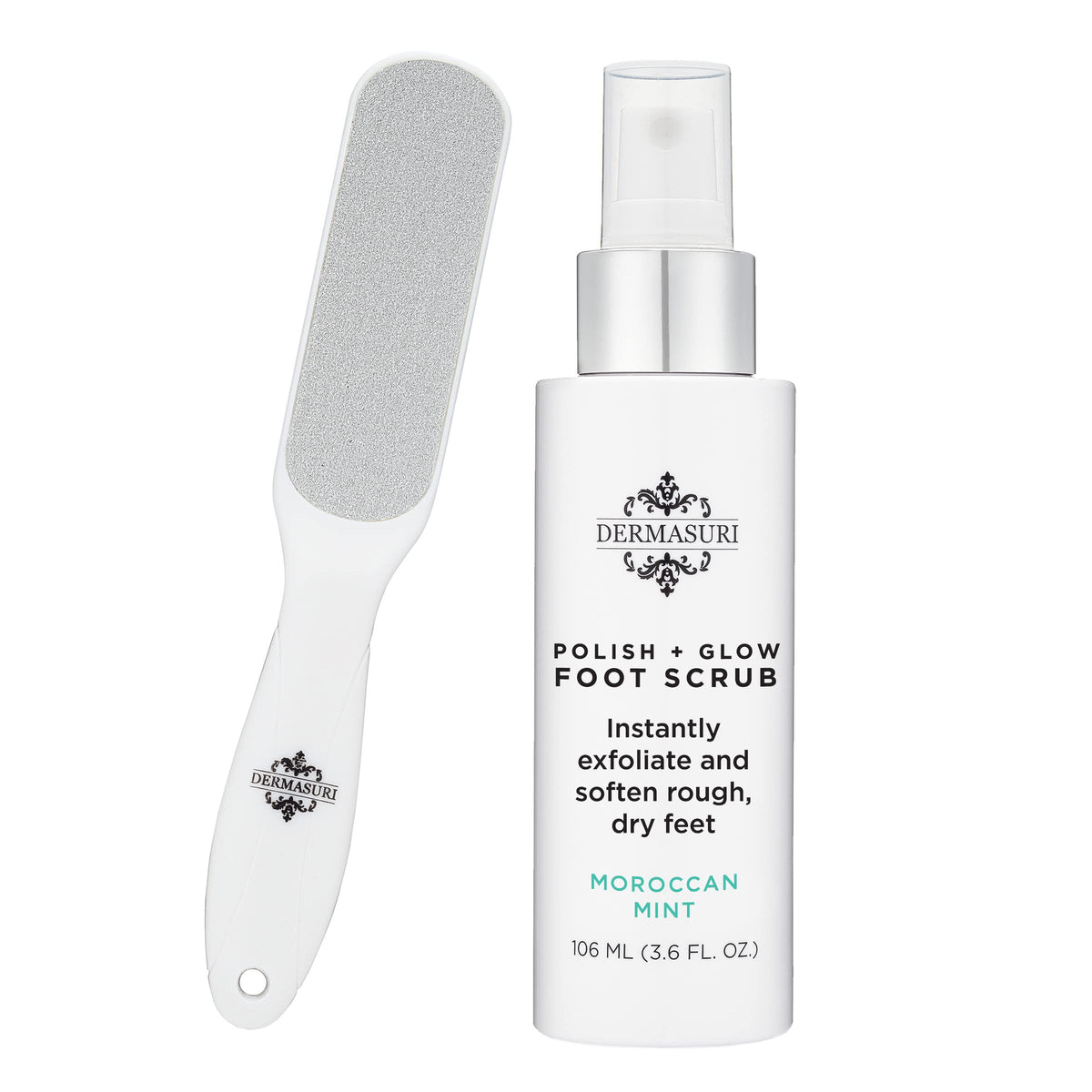 Dermasuri front packaging showing spray and rasp for at-home soft feet