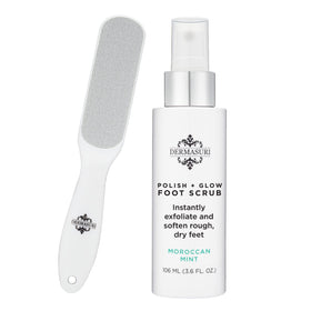 Dermasuri front packaging showing spray and rasp for at-home soft feet