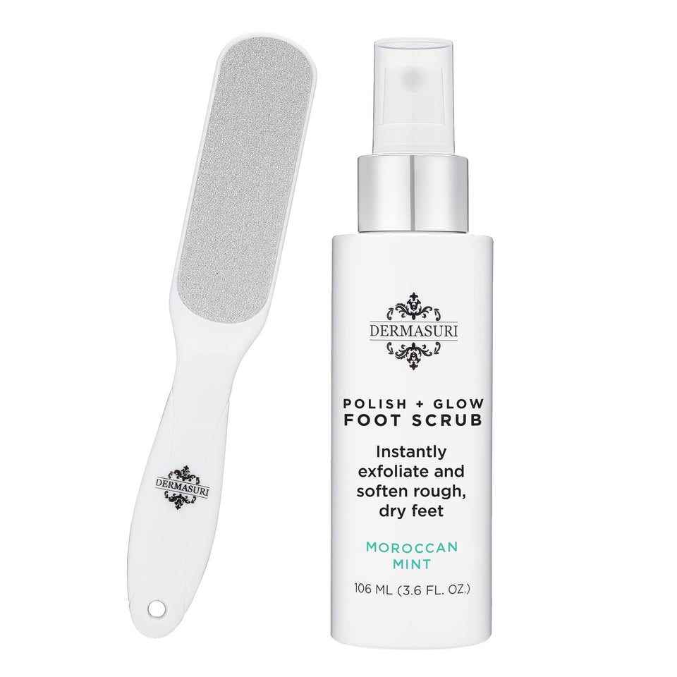 Dermasuri front packaging showing spray and rasp for at-home soft feet