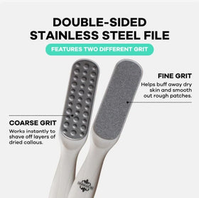 Dermasuri dual-sided rasp detail demonstrating coarse and fine grits