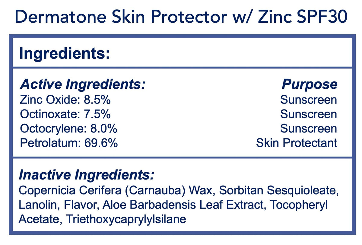 DERMATONE label close-up showing zinc SPF 30 and ingredient clarity