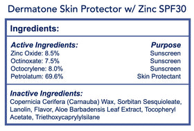 DERMATONE label close-up showing zinc SPF 30 and ingredient clarity