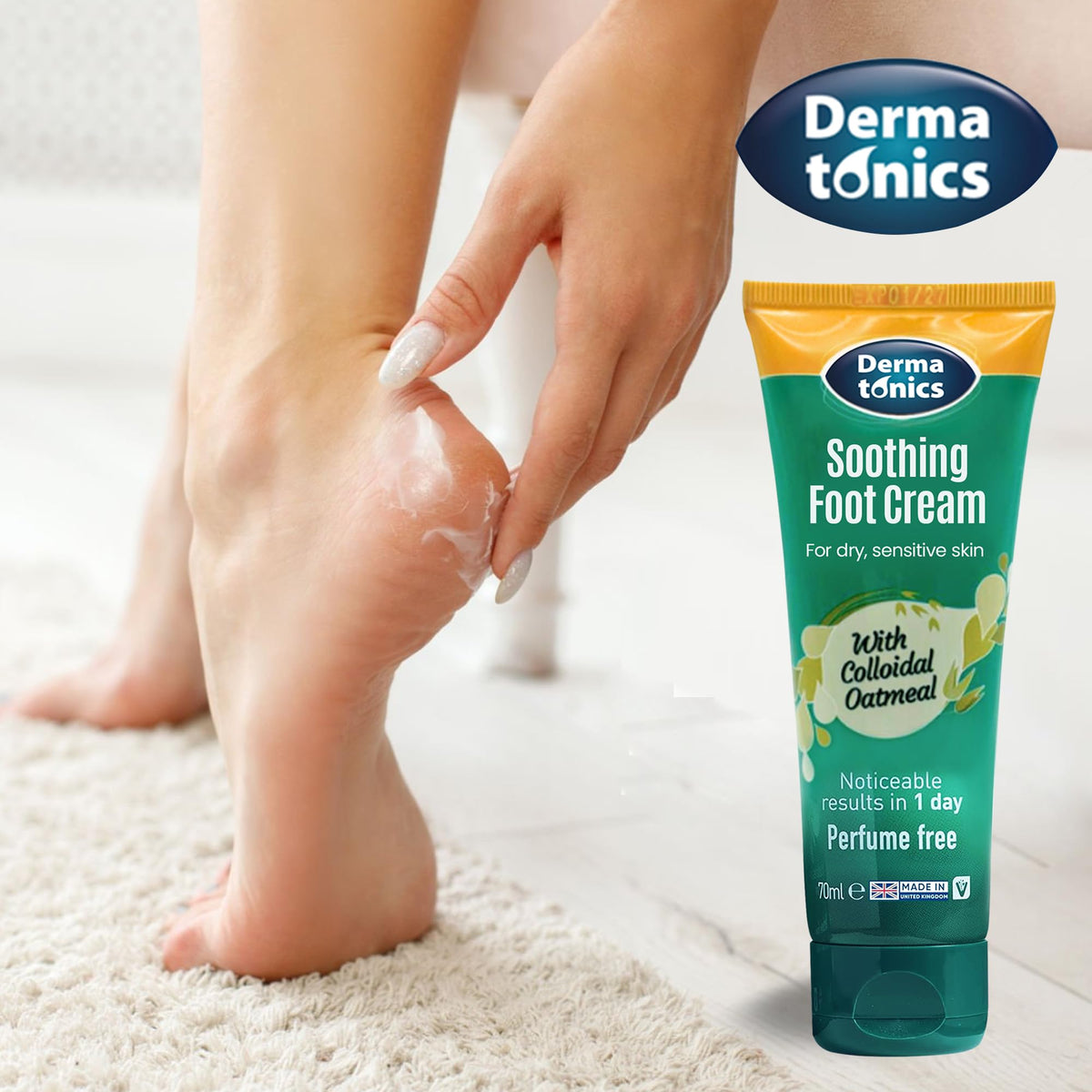 Dermatonics tube beside coin showing travel-friendly size benefit