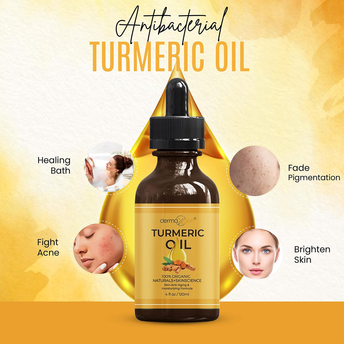 DERMAXGEN oil dropper dispensing golden turmeric oil highlighting pure application