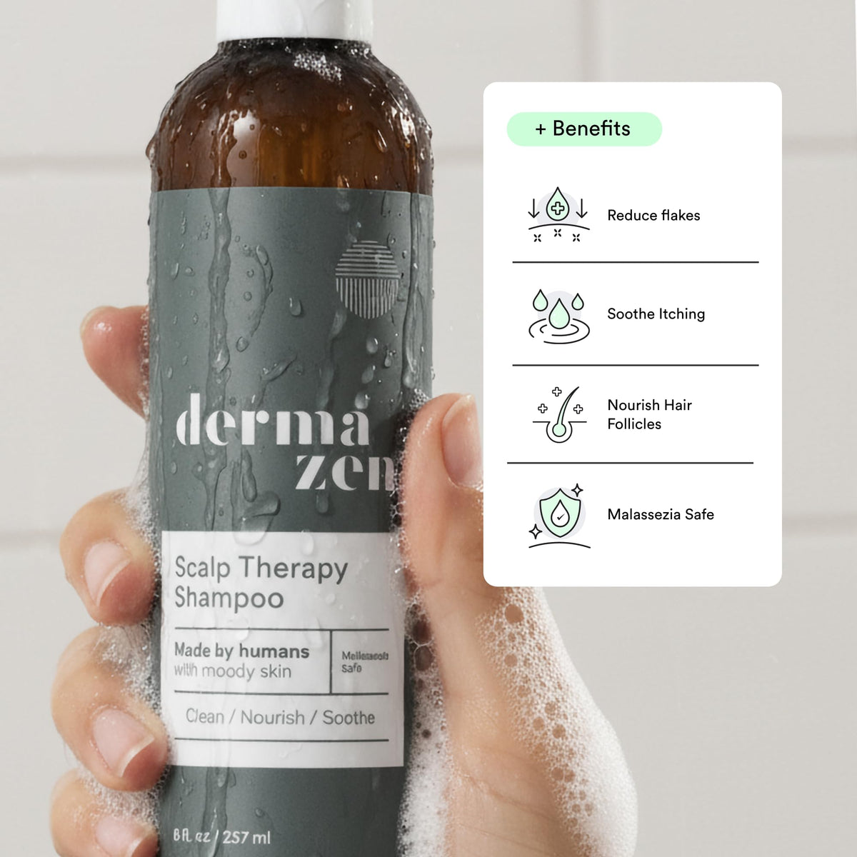 Dermazen scalp massage in hand showing calming scalp contact
