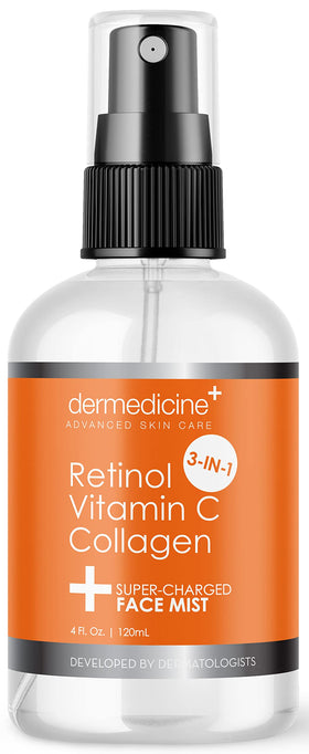 Dermedicine front packaging of 3-in-1 mist showing bottle and label, clear benefits