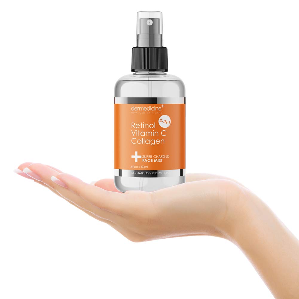 Dermedicine bottle held in hand to show 4 fl oz scale and travel-friendly size