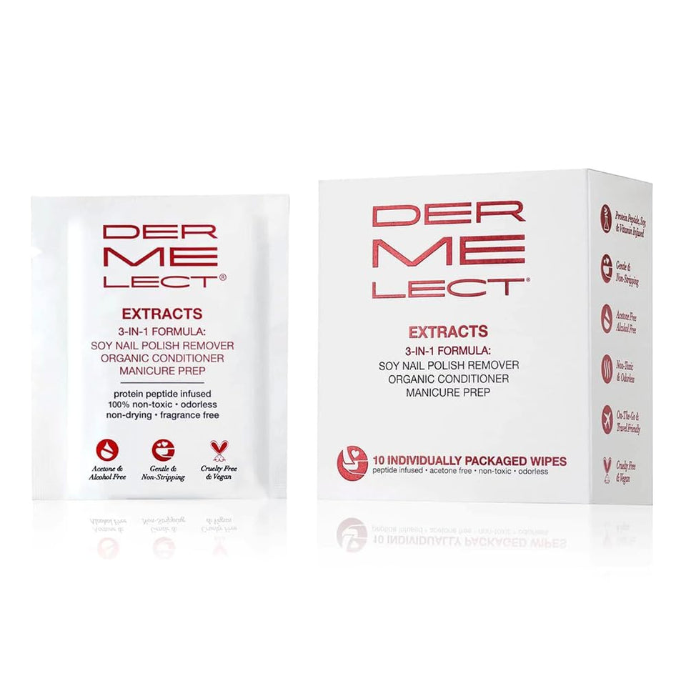 Dermelect front packaging showing extract wipes, convenient and award-winning