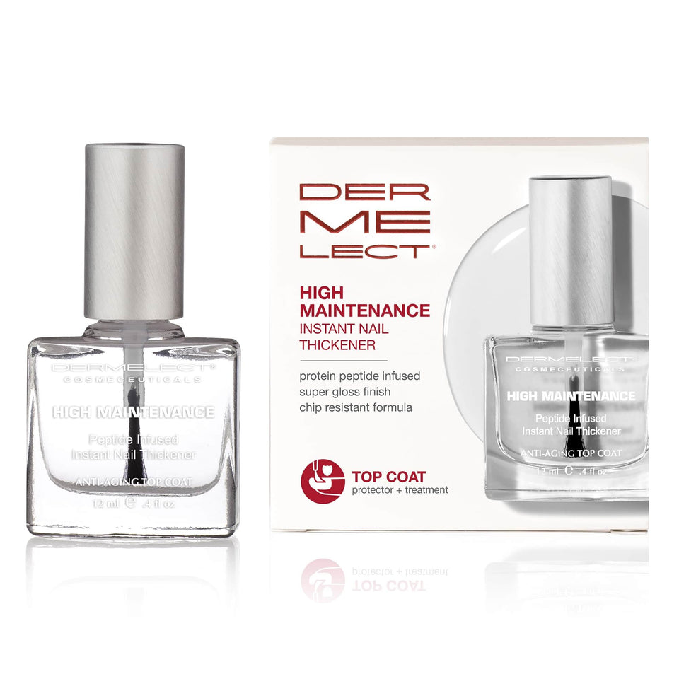 Dermelect front packaging showing glossy strengthening top coat benefit