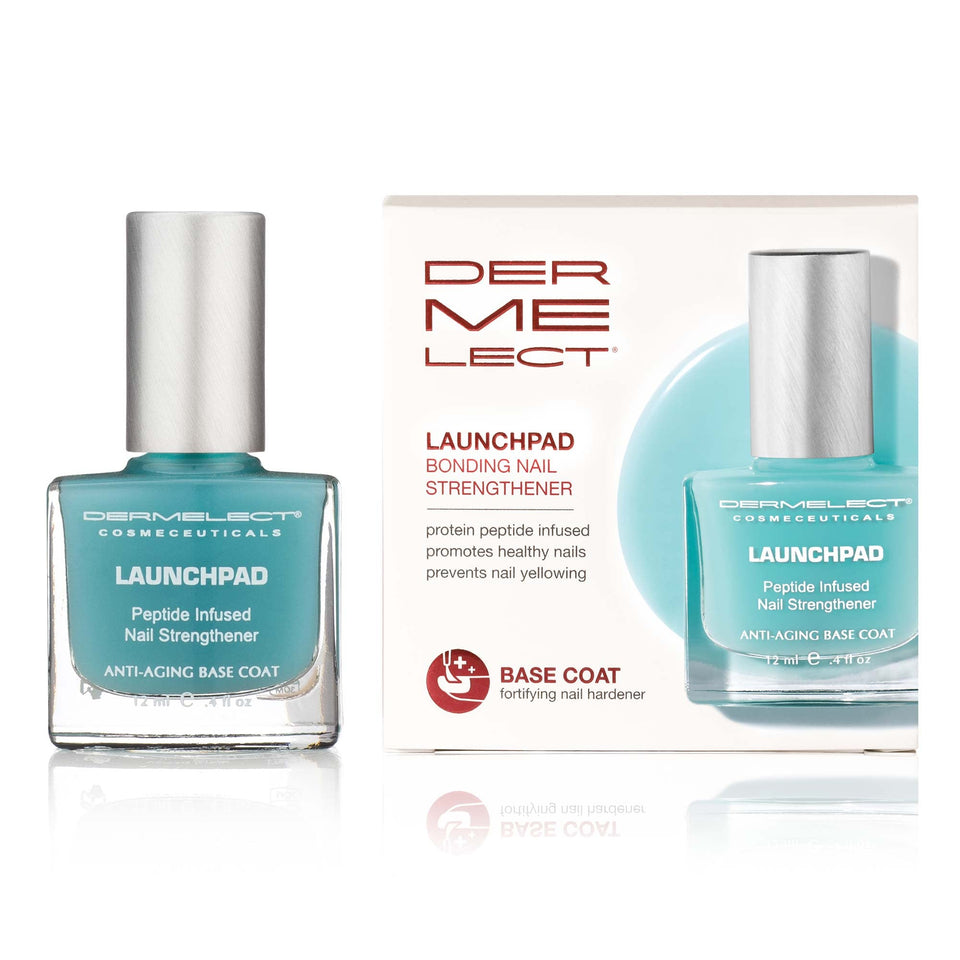 Dermelect Launchpad front bottle view showing clear strengthening treatment benefit
