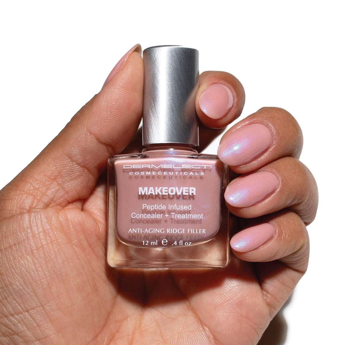 Dermelect nail-fan swatches showing mocha coverage and color correction