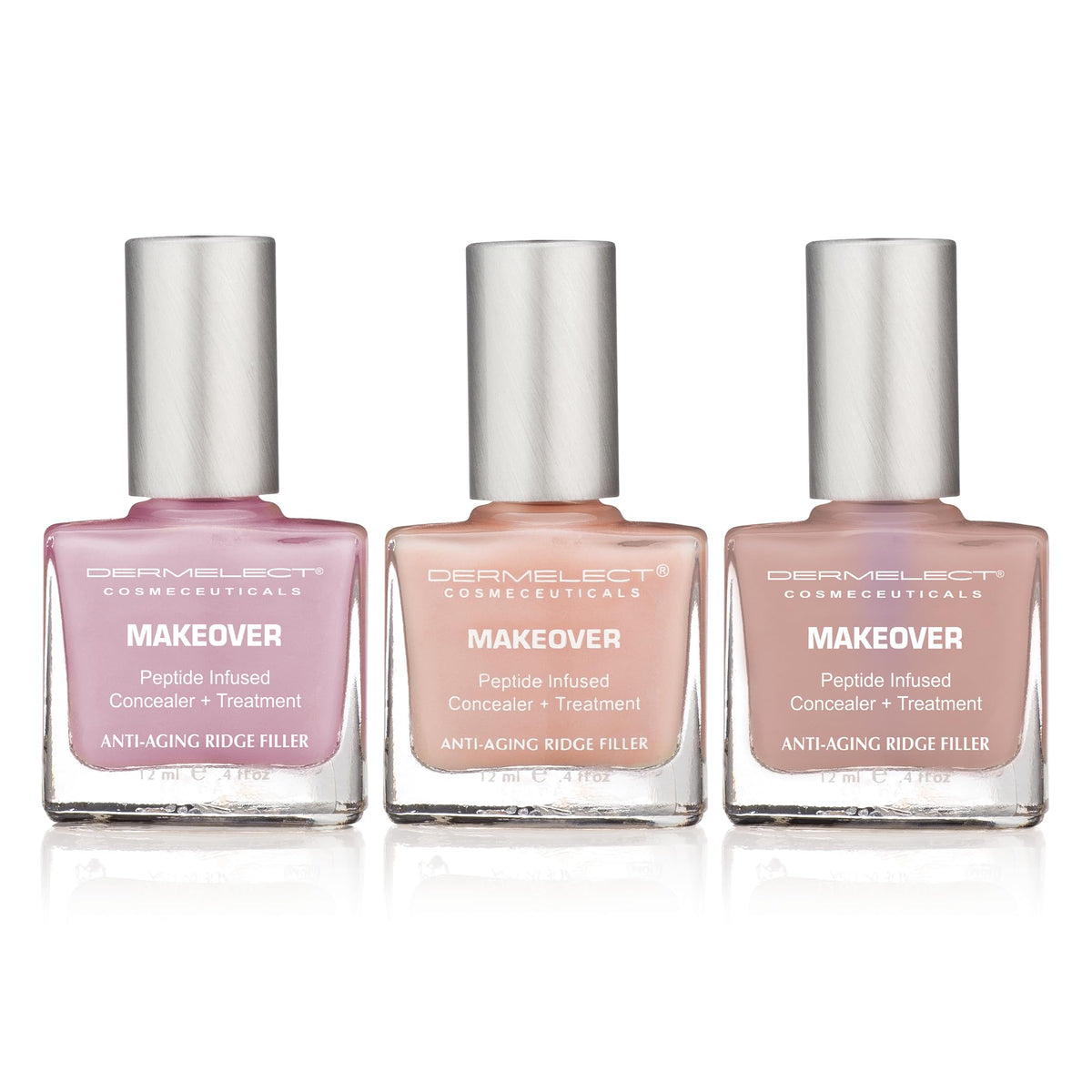 Dermelect three-piece set front view showing packaging and three bottles, promotes convenient treatment