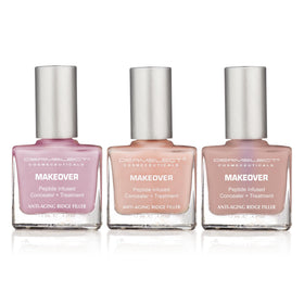 Dermelect three-piece set front view showing packaging and three bottles, promotes convenient treatment