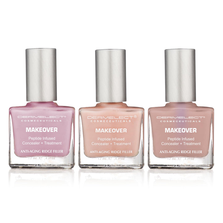 Dermelect three-piece set front view showing packaging and three bottles, promotes convenient treatment