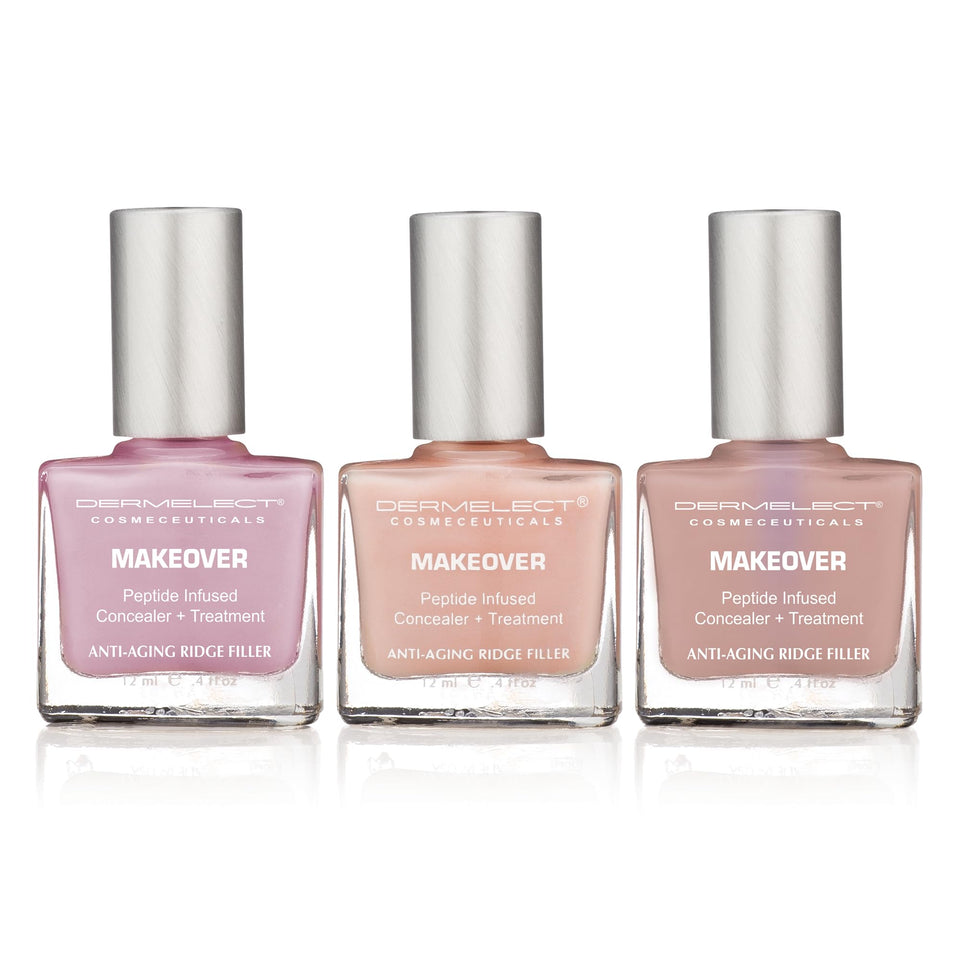 Dermelect three-piece set front view showing packaging and three bottles, promotes convenient treatment