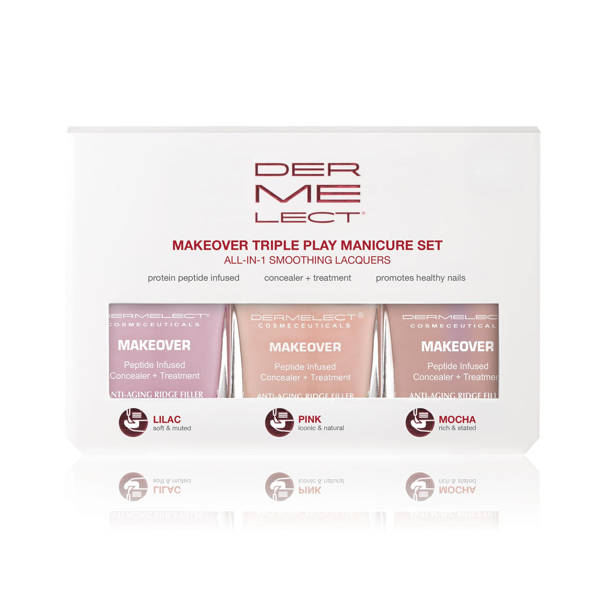 Dermelect set with caps off displaying bottle design and applicators for precise, easy application