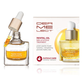 Dermelect Revital-oil front bottle showing compact travel-friendly design and visible benefits