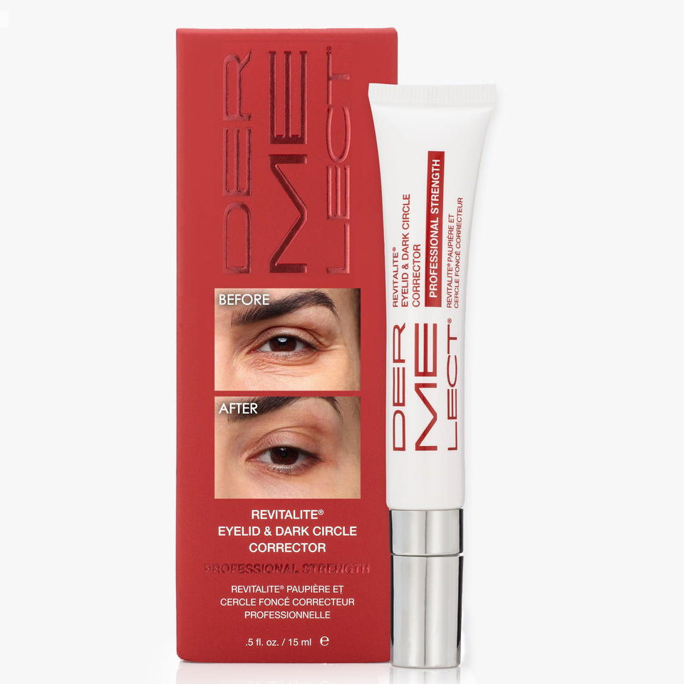 Dermelect front packaging showing product and benefits for brighter eyes
