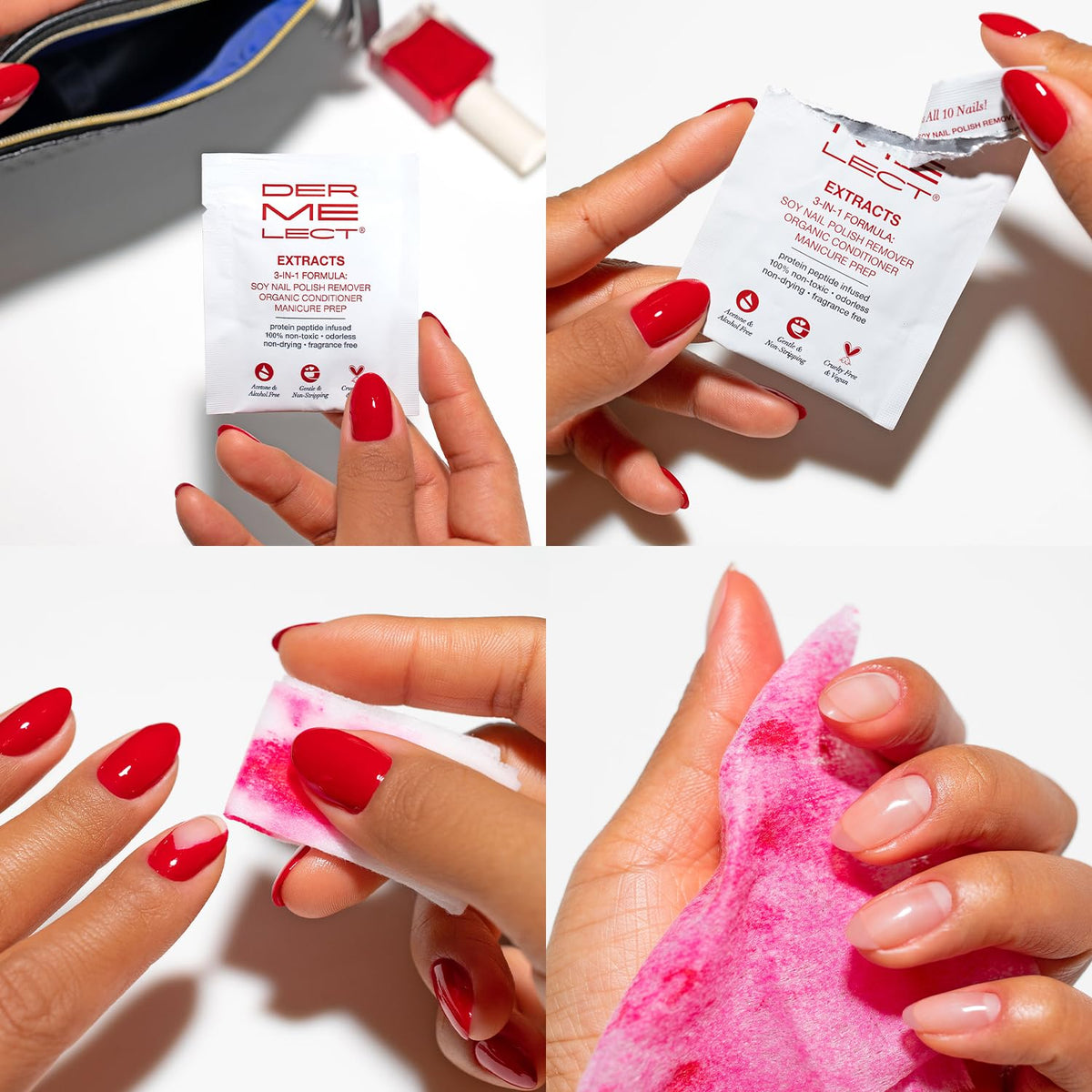 Dermelect wipe in hand removing polish, quick stain-free removal benefit