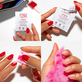 Dermelect wipe in hand removing polish, quick stain-free removal benefit