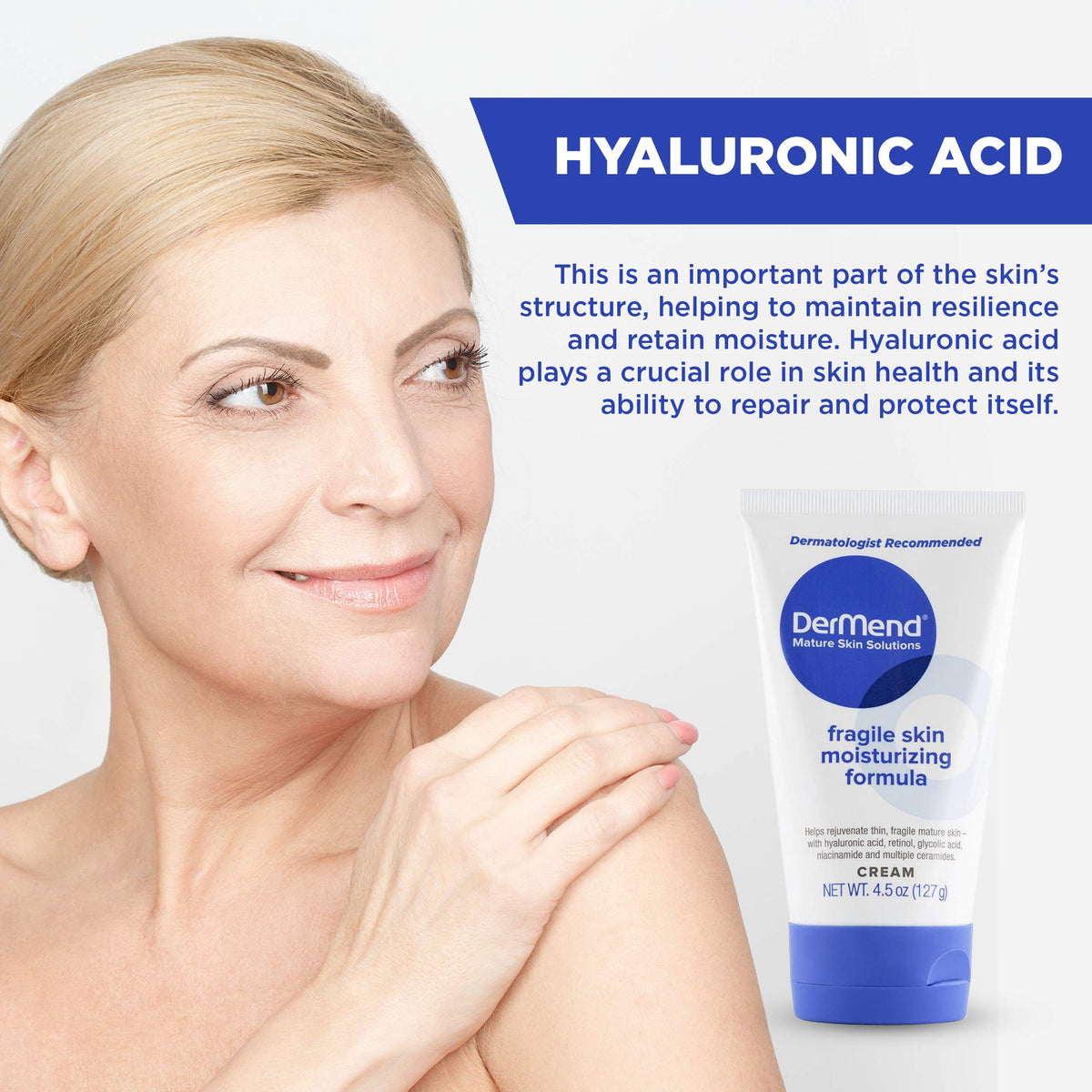 Dermend applied to face demonstrating gentle moisturizing benefit