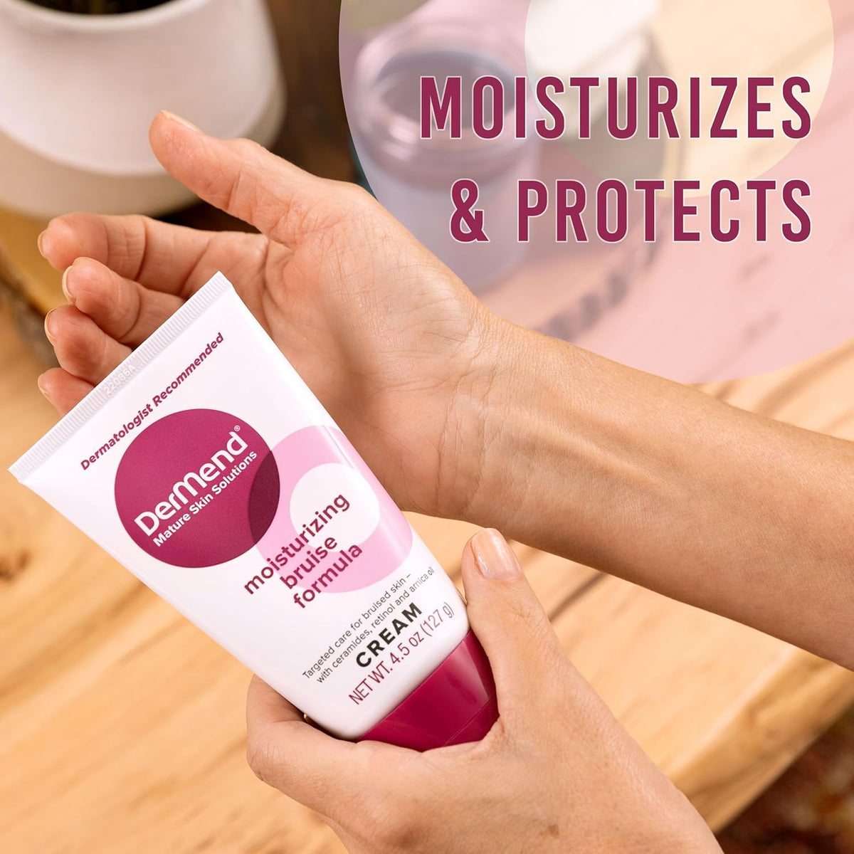 Dermend cream being applied to hand to soften and hydrate delicate skin