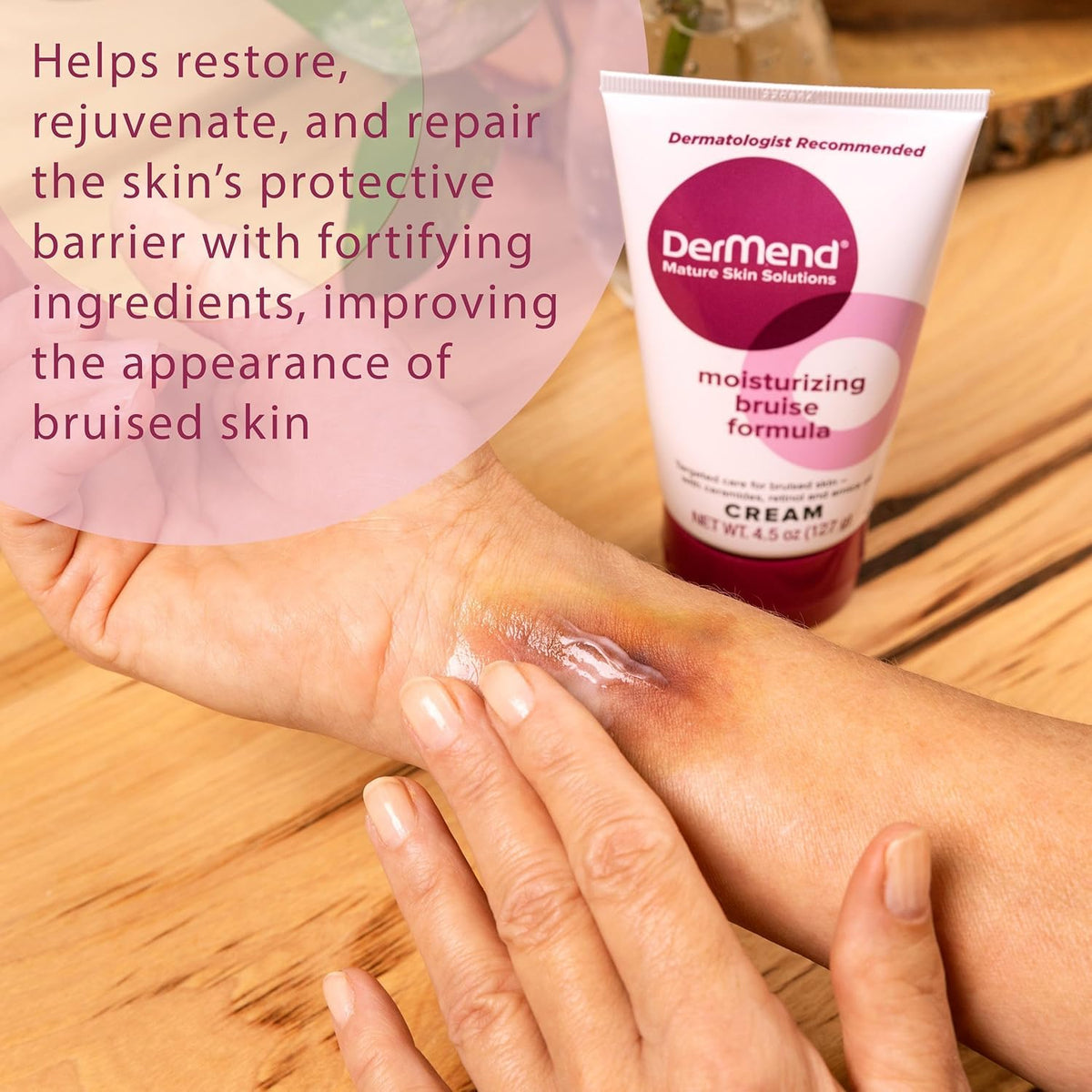 Dermend cream texture on fingertip demonstrating quick absorption benefit