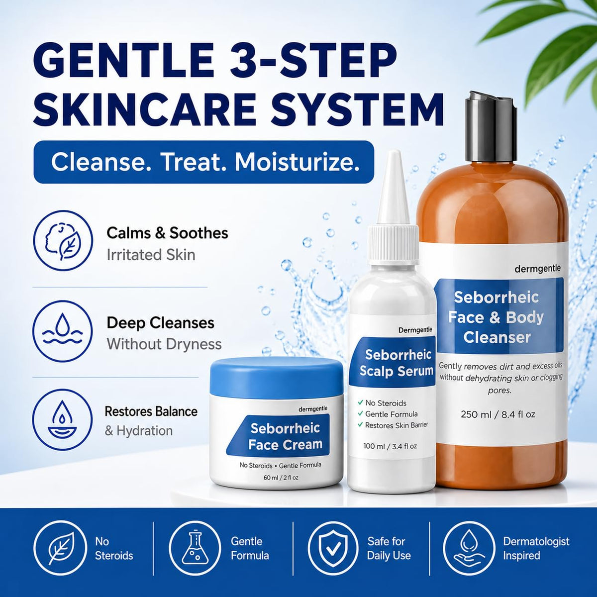 Dermgentle cleanser pump and bottle close-up highlighting gentle cleansing action
