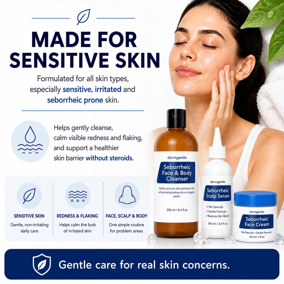 Dermgentle trio staged on bathroom shelf to show daily routine and visible care