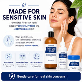 Dermgentle trio staged on bathroom shelf to show daily routine and visible care