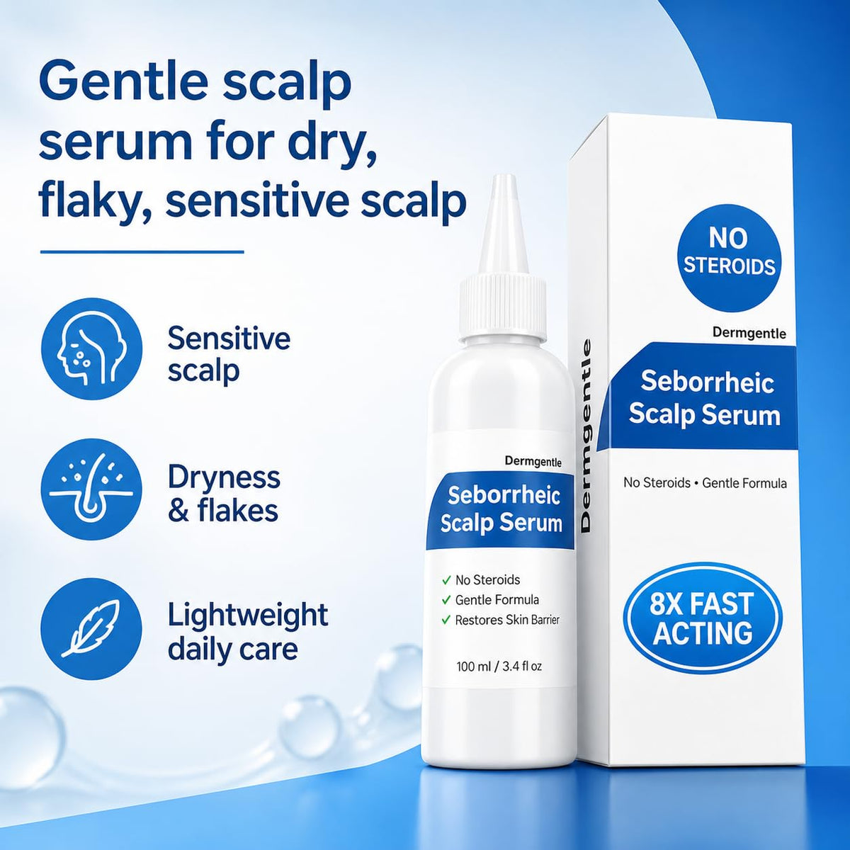 Dermgentle dropper dispensing serum highlighting controlled dosing