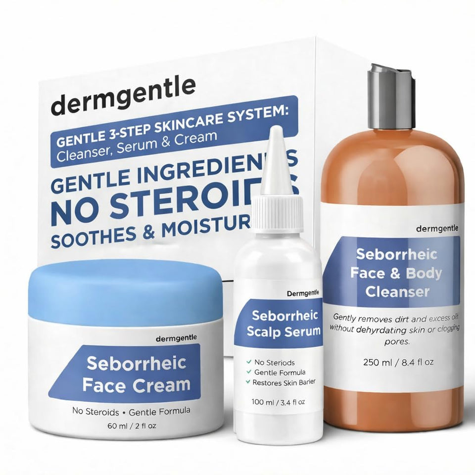 Dermgentle treatment trio front packaging showing all three bottles and benefits