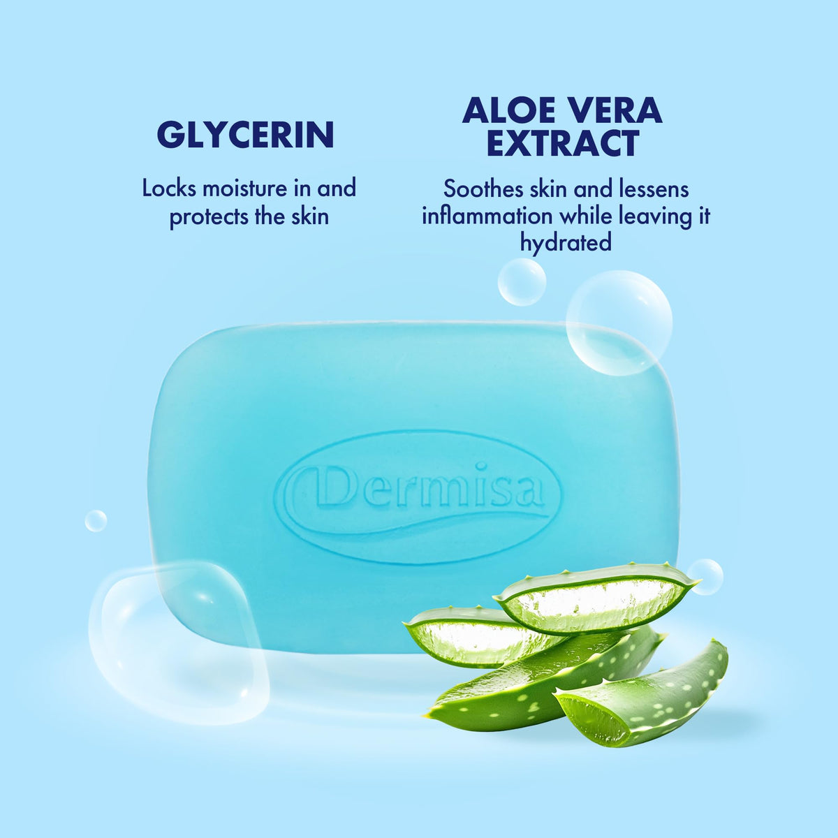 Dermisa glycerin bar with aloe detail showing calming ingredient and soothing effect