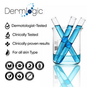 Dermlogic jar next to common items to show compact size and travel convenience
