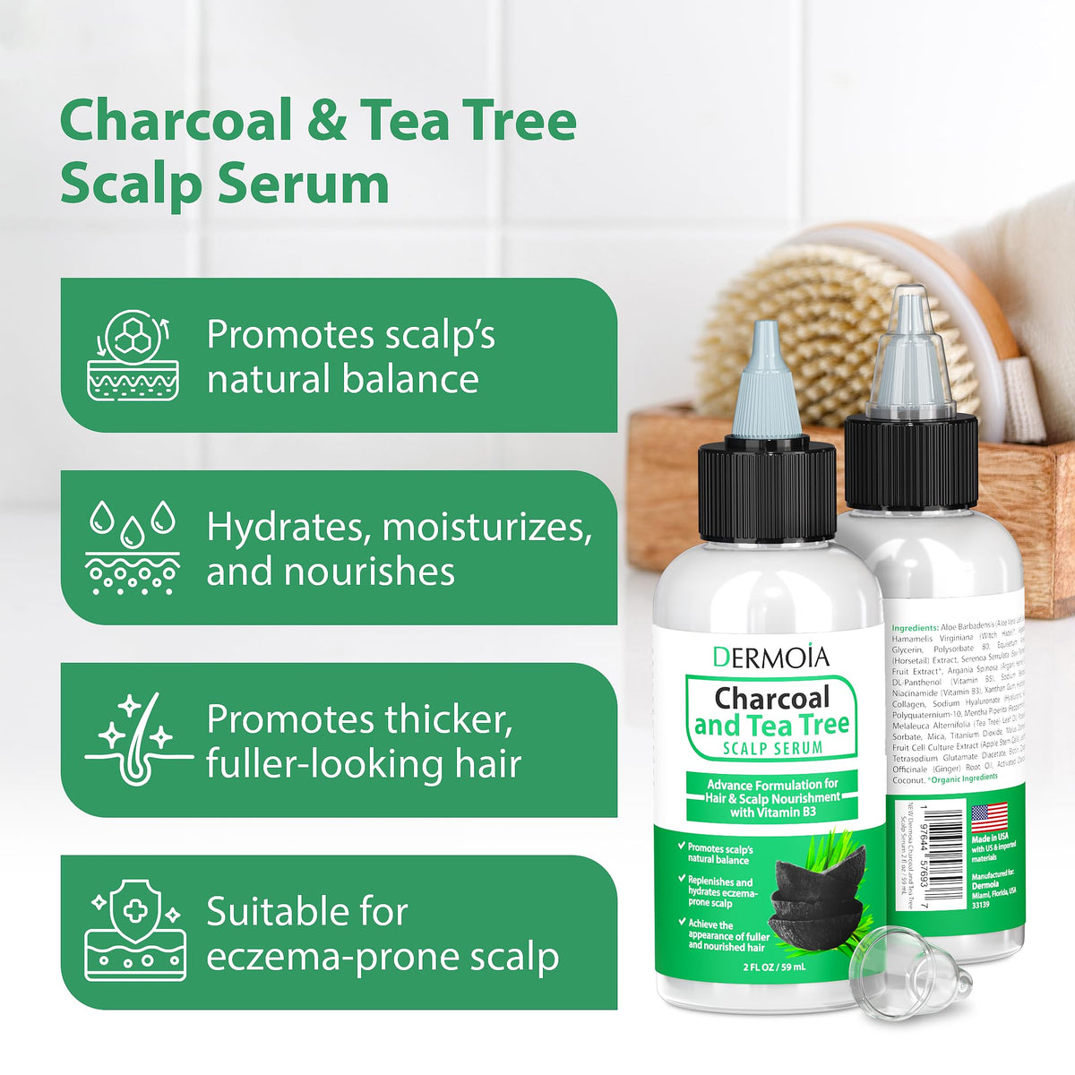 DERMOIA charcoal and tea tree ingredient display showing clarifying action