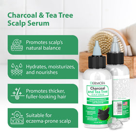 DERMOIA charcoal and tea tree ingredient display showing clarifying action
