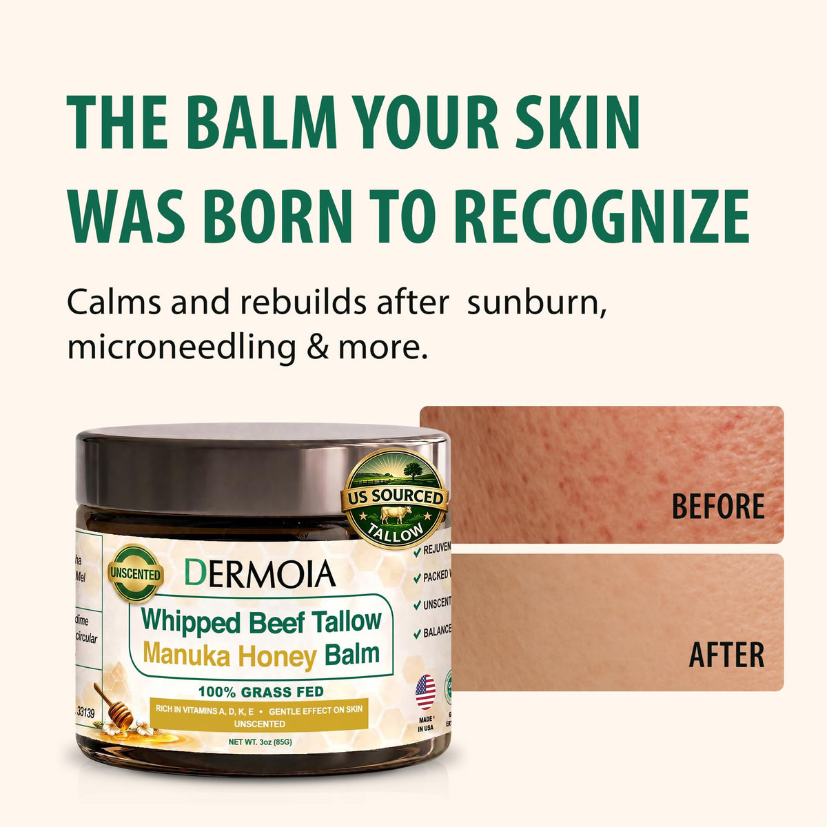 DERMOIA ingredients label displaying grass-fed tallow and supportive oils