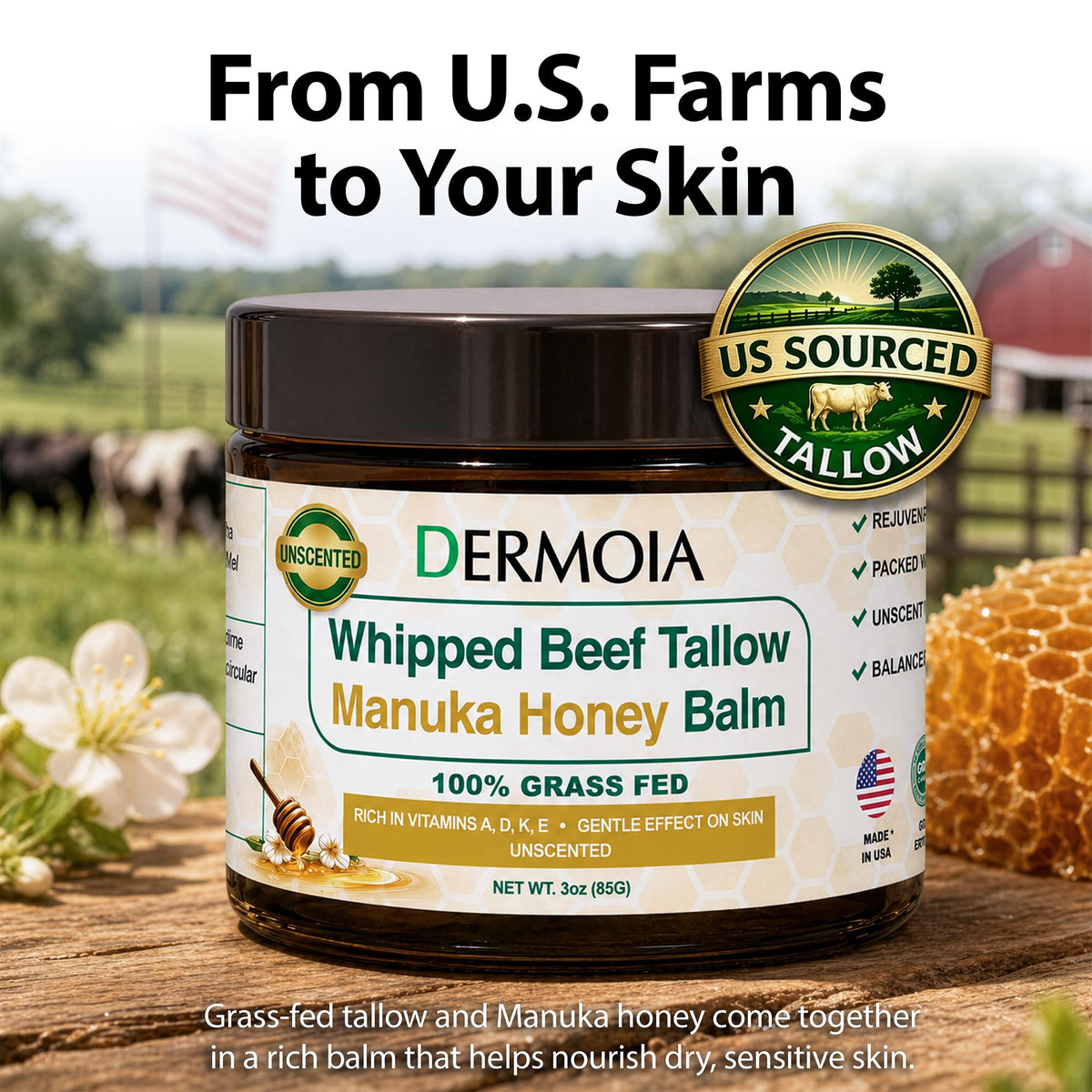 DERMOIA balm smoothed on elbow showing softened, moisturized skin